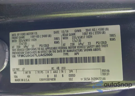 2020 Ford Escape Se z USA, uszkodzony, nr VIN 1FMCU9G67LUA52900